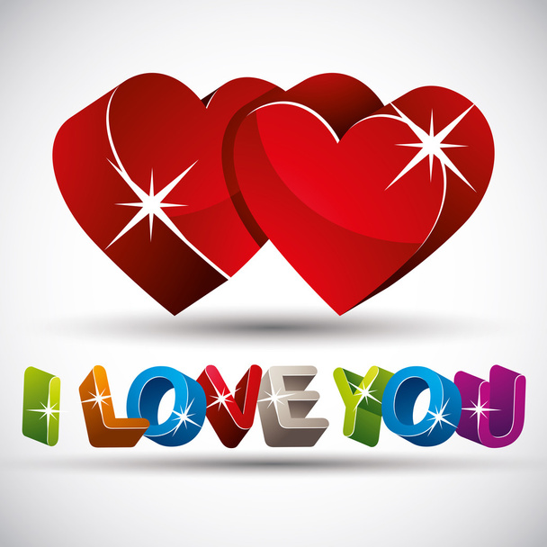 I love you phrase made with 3d colorful letters and two red hear - Vetor, Imagem