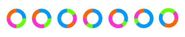 Примеры диаграммы пончиков. Круговые диаграммы, разделенные на 4 секции разных цветов. Простые инфографические пироги или шаблоны колес. Круглая форма, разрезанная на четыре части - Вектор,изображение
