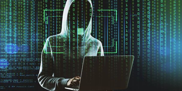 Hacker in hoodie using laptop on abstract binary code background with face recognition interface. Hacking, ID and innovation concept. Double exposure - Fotografie, Obrázek