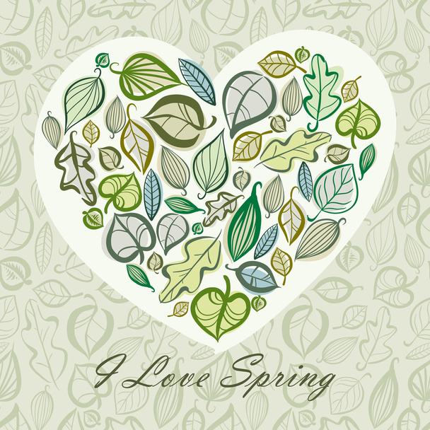 Spring card design with heart made of leaves. - Vektör, Görsel