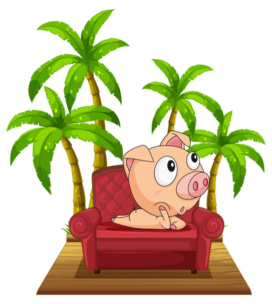 świnia siedzi na krześle w pobliżu drzewa kokosowego - Wektor, obraz