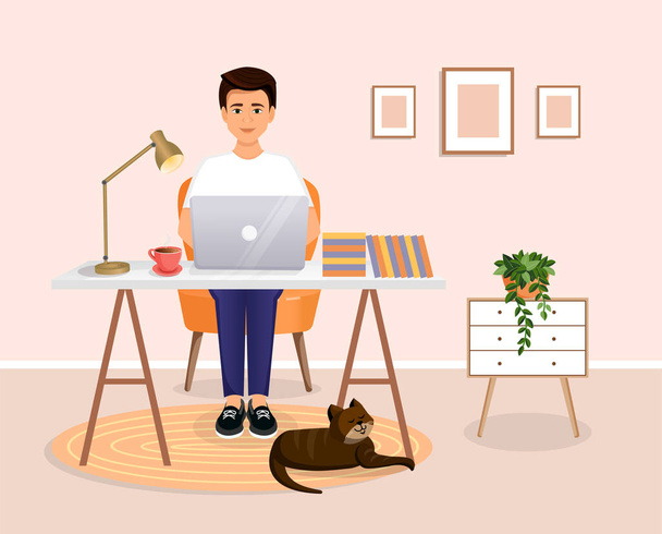 El hombre se sienta en una mesa, trabaja en una computadora en casa. Trabajo remoto, freelance, oficina en casa, programación, capacitación. Interior de trabajo acogedor con un gato. Ilustración vectorial - Vector, Imagen