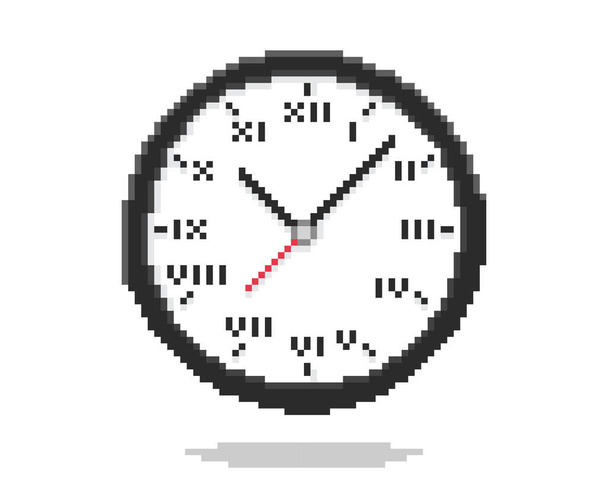 Diseño plano vectorial pixel arte del icono del reloj redondo. Objeto aislado sobre fondo blanco - Vector, Imagen