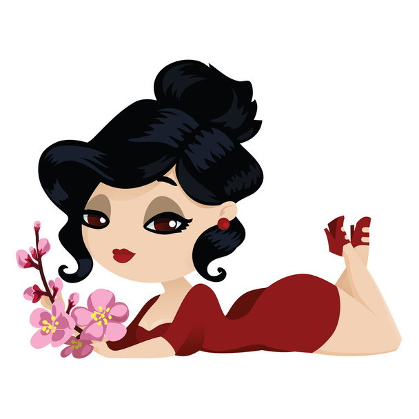 Bright brunette in a red dress with cherry flowers in her hands  - Vector, afbeelding