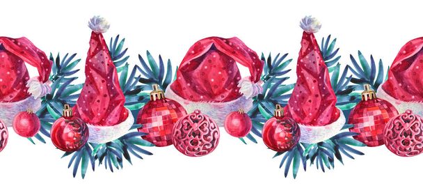 Акварель безшовна облямівка червона ялинка, прикраса м'яча, капелюх для Санти ізольовані на білому тлі. Кліпарт з елементами, намальованими вручну для святкування, Нового року, картки, обгортання, запрошення
 - Фото, зображення