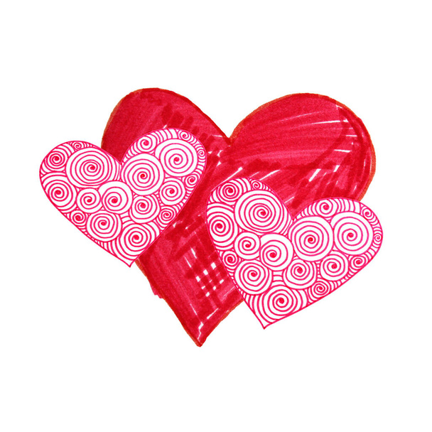 Beyaz arka planda izole edilmiş iki kırmızı kalp. El yapımı saf sanat eseri. Girdap çizgisi süsleyin. Sevgililer Günü için yaratıcı tasarım ögesi Clipart, 8 Mart, çıkartma, düğün, paketleme - Fotoğraf, Görsel