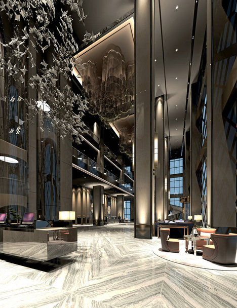 Rendement 3d de la réception du lobby de l'hôtel de luxe - Photo, image