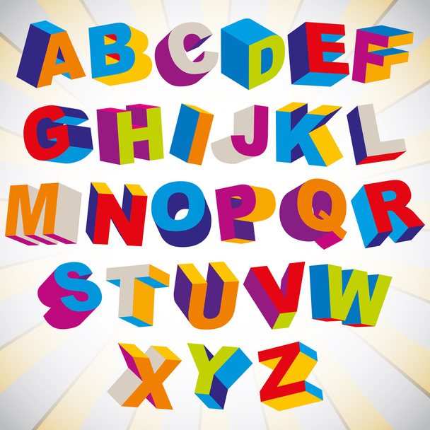 3D font, bold psychedelic colorful alphabet. - Vector, Image