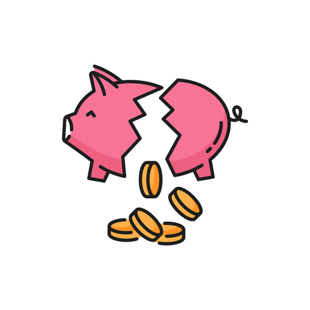 Broken piggy money bank with gold coins isolated flat line icon. Vector financial economy and deposit, crisis and debt, loss money, save budget. Debt and poverty, piggy pink animal moneybox - Vector, Image