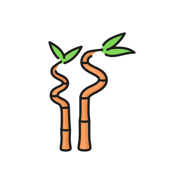 竹の茎と葉の孤立したフラットラインアイコン。ベクトル装飾竹の枝、アジアの熱帯葦、伝統的な化粧品ソース。天然日本中国植物、熱帯雨林成分、緑の葉 - ベクター画像