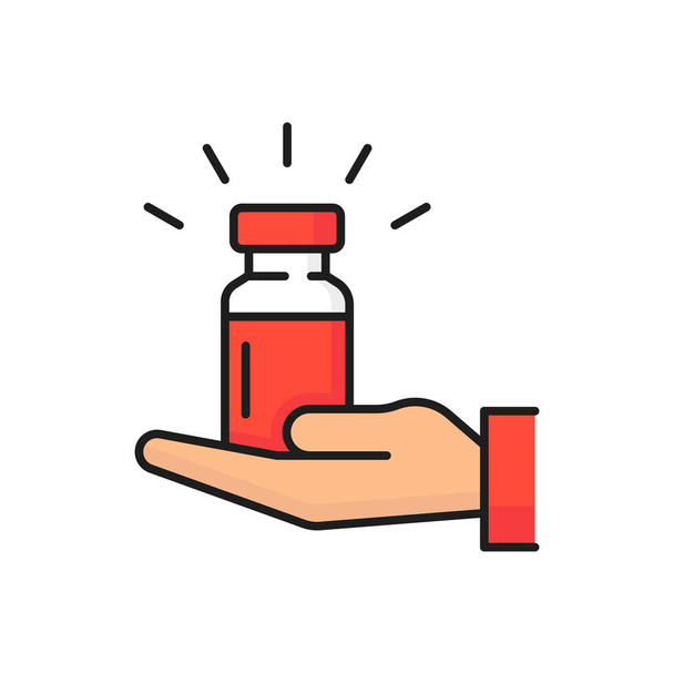 Ruční držel lék červená láhev izolované barevné čáry ikony. Léčba vektorovou farmacií, antivirové léky, ochrana koronaviru, zdravá krev v láhvi. Léky pilulky, zdravotní péče a imunizace - Vektor, obrázek