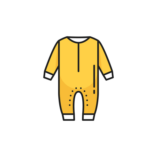 Bebé cosas signo de lavado, amarillo abrochado mameluco con mangas y pantalón piernas largas aislado icono de la línea. Vector de prendas para niños, lavado, secado y limpieza emblema. Traje de guardería, recién nacido - Vector, imagen