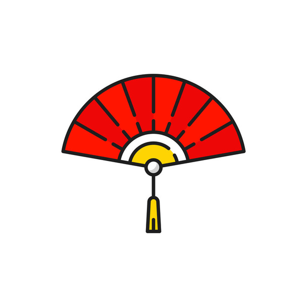 Čínský ventilátor s střapcem izolované ruční tessen suvenýr z Číny barevné čáry ikony. Vektorový skládací papír nebo hedvábný dmychadlo, tradiční korejský japonský gejša skládací ventilátor. Zbraňový japonský fanoušek války - Vektor, obrázek