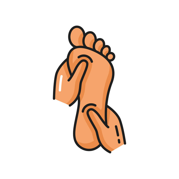 Massage des pieds, pédicure et procédure de soins des pieds spa icône de contour isolé. Vecteur masseur mains massant femme pieds nus. Traitement des pieds, shiatsu japonais. Points réfléchissants sur les pieds, cosmétiques jambes femme - Vecteur, image
