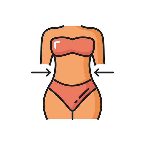 Spa massage, body lifting and weight loss icon isolated. Vector girl with sexy figure loss weight, lady in good shape, body health care treatment. Fitness, hydration and lifting, spa salon procedures - Vector, Image