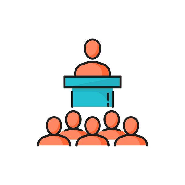 President, boss or politician speaking on podium isolated color line icon. Vector brainstorming and cooperation, interviewing, recruitment. Business meeting or conference, boss speaking on stage - Vector, Image