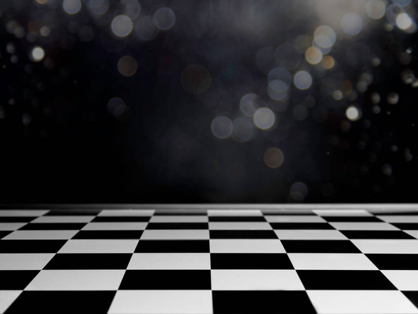 Modèle de plancher d'échiquier vide en perspective sur fond sombre avec bokeh. échiquier sur fond noir, style noir et blanc. - Photo, image