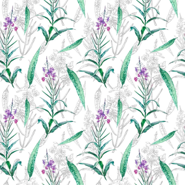 A pattern of plants and leaves of Willow-tea on a white background. Watercolor and graphic seamless background - Foto, Bild