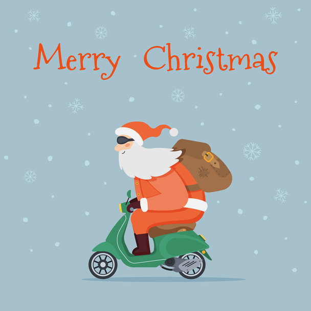 Cartoon Santa Claus rides vintage green scooter - Vector, imagen