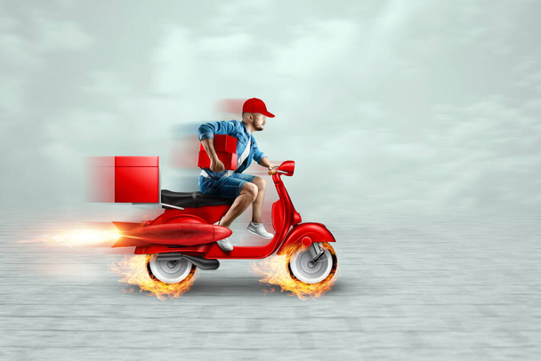Fast food delivery man on a green scooter. Delivery concept, online order, food delivery, last mile, banner, template - Fotografie, Obrázek