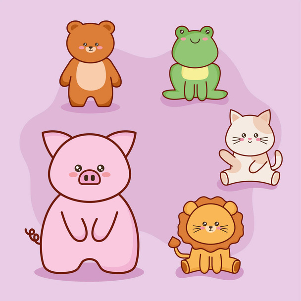 cinco kawaii animais personagens - Vetor, Imagem