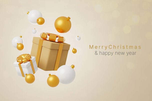 Счастливого Рождества и счастливого Нового года. Праздничный белый и золотой подарочные коробки с рождественским мячом золотой и белый. Трехмерная иллюстрация - Фото, изображение