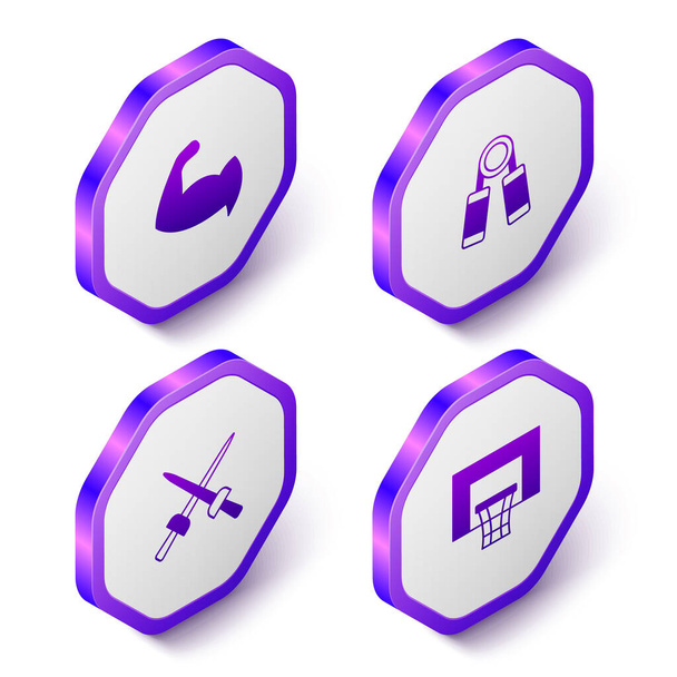 筋肉、スポーツエクスパンダ、フェンシング、バスケットボールのバックボードアイコンを示すアイソメトリックボディビルダを設定します。紫色の六角形のボタン。ベクトル - ベクター画像