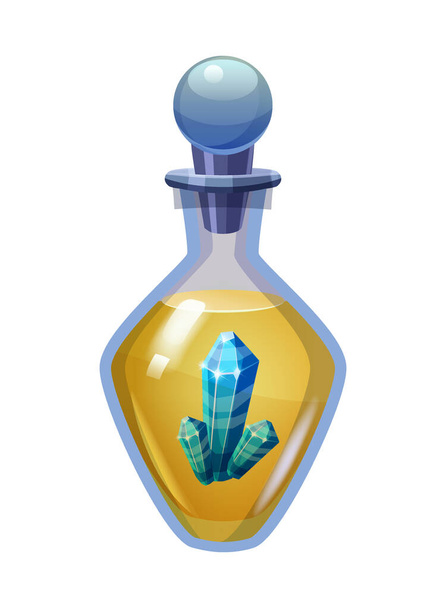 Бутылочное волшебное зелье с кристаллом. Иконка игры, стекло, жидкий эликсир, яд, фейк, векторная иллюстрация для игры, приложение UI - Вектор,изображение