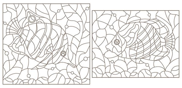 Un ensemble d'illustrations de contours dans le style du vitrail avec des poissons papillons sur un fond d'algues, des contours sombres sur un fond blanc, des images rectangulaires - Vecteur, image