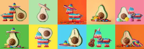 Conjunto de creativas piñatas mexicanas con sombrero y guitarra sobre fondo de color - Foto, Imagen