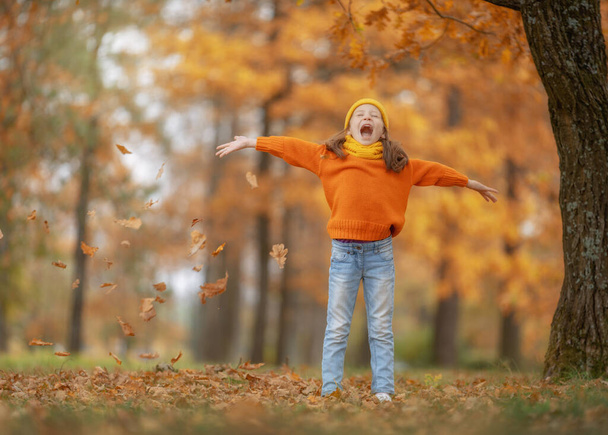 Happy child on autumn walk! Kid walking in the Park and enjoying the beautiful nature. - Фото, изображение