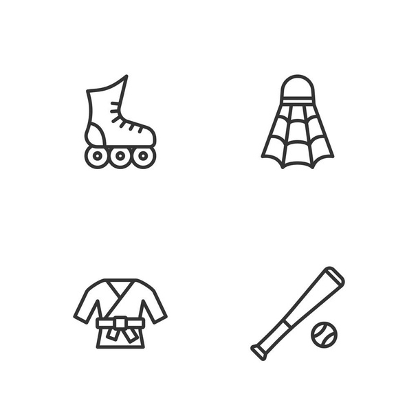 Set line Bate de béisbol con pelota, Kimono, Patinaje sobre ruedas y el icono del volante de bádminton. Vector - Vector, imagen