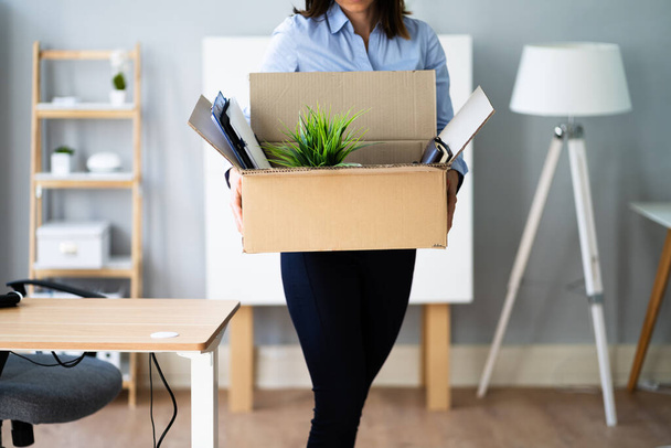 Fired From Job Businesswoman Employee With Box Moving - Fotoğraf, Görsel