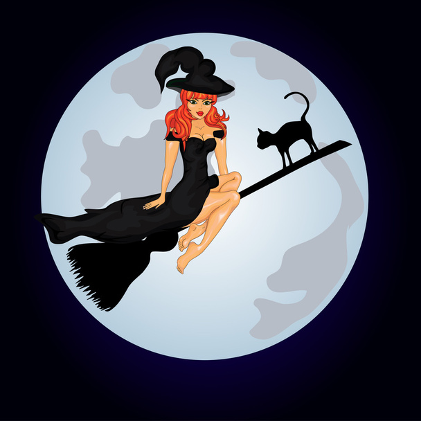 Halloween Poster with witch on sweeper - Vector, Image