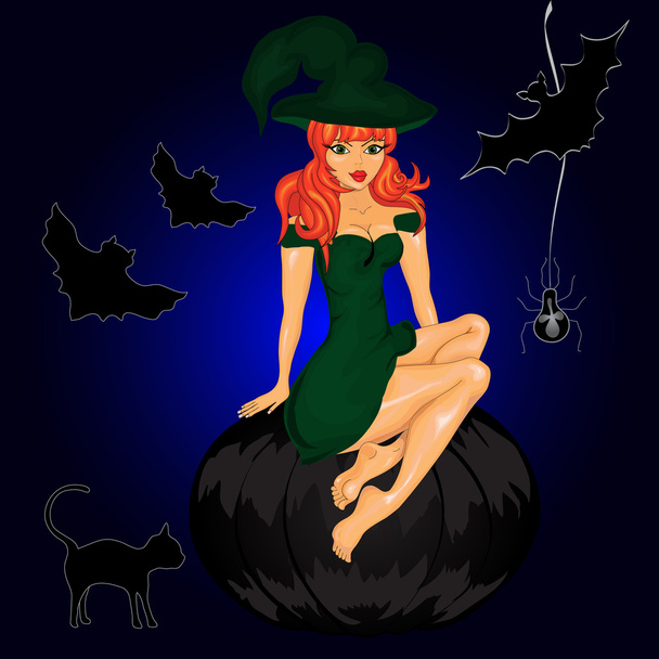 Halloween achtergrond met heks en pompoenen - Vector, afbeelding