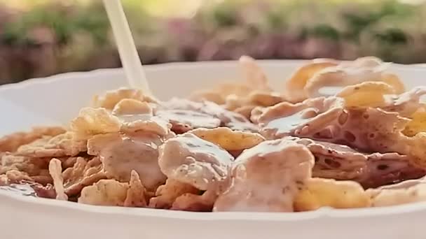 Pouring milk into bowl of cereals in slow motion effect, breakfast outdoors in summer - Footage, Video