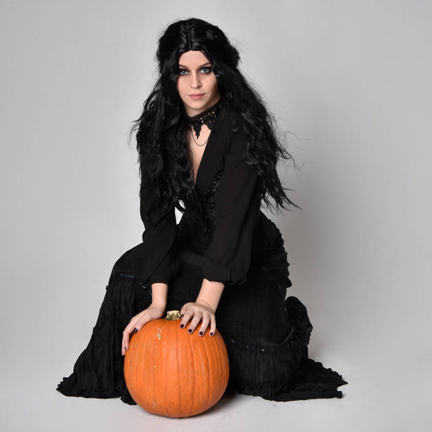 Full length portrait of dark haired woman wearing  black victorian witch costume  sitting pose wit ha pumpkin, with  gestural hand movements,  against studio background. - Foto, afbeelding