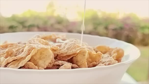 Milch in Schale mit Müsli in Zeitlupe gießen, im Sommer draußen frühstücken - Filmmaterial, Video