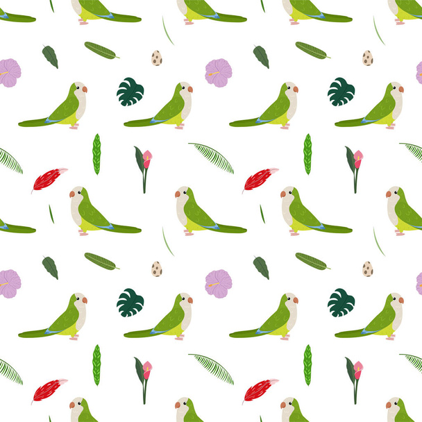 Bezešvý vzor s mnichovským papouškem Quaker, tropickými listy a květy - Vektor, obrázek