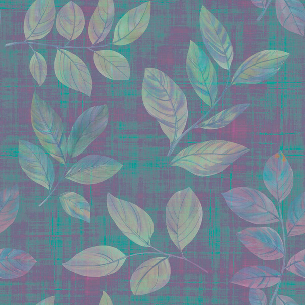 Decorative leaves seamless pattern on an abstract background. Abstract seamless background of leaves and branches. Botanical watercolor drawing for printing, wallpaper, packaging. - Φωτογραφία, εικόνα