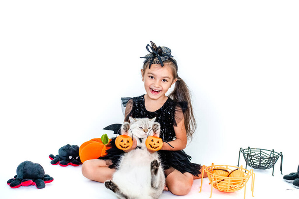 Cute european kid girl in halloween costumes with cat having fun in halloween celebration. Photo on white background - Foto, Imagem