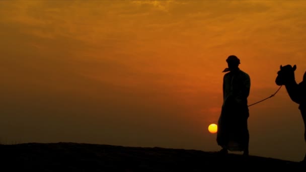 男性彼のラクダと砂漠を歩いて - 映像、動画