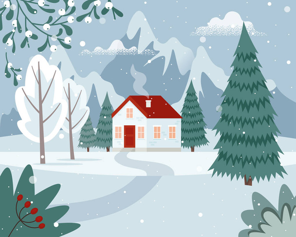 Paesaggio invernale con una casa in montagna. Paesaggio di campagna a stagione innevata. Graziosa illustrazione vettoriale in stile piatto - Vettoriali, immagini
