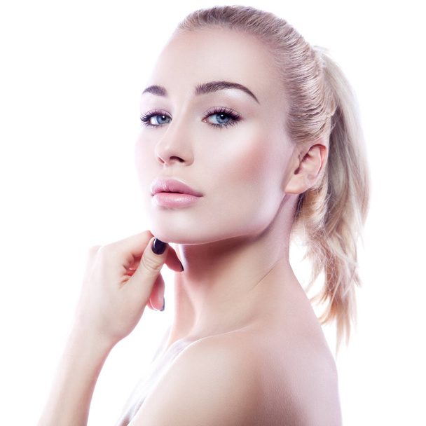 Beauty woman face healthy skin natural makeup young model. Skincare facial treatment concept - Фото, изображение