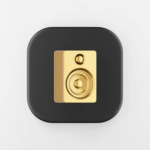 Gold speaker icon. 3d rendering black square button key, interface ui ux element. - 写真・画像