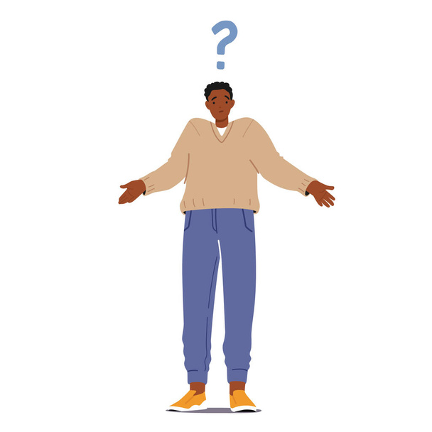 Confuso African Man Shrug con Big Question Mark sopra la testa. Persona confusa, Curiosa Facendo Domande, Pensando - Vettoriali, immagini