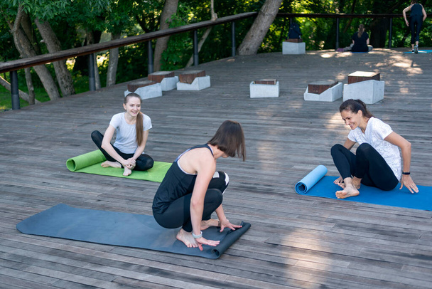 Bir grup kız sabah parkta saldırmaya hazırlanıyor. Kadınlar sabah antrenmanı için yoga minderlerini sererler. - Fotoğraf, Görsel