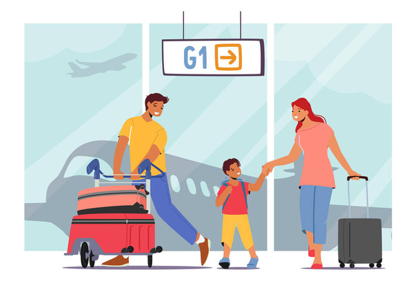 Padre, madre e hijo viajando juntos. Viajes en familia con niños en vacaciones de verano. Padres y niños en Aeropuerto - Vector, Imagen