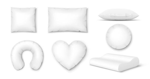 Almohadas y cojines de la cama: viaje inflable, ortopédico para el cuello, pluma para dormir cómodo - Vector, imagen