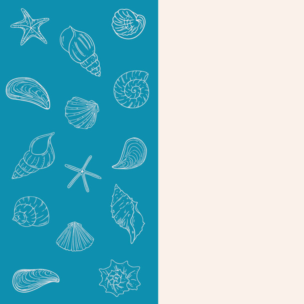 Fondo de Doodle con estrellas de mar y conchas, fondo de pantalla de mar dibujado a mano.Fósiles pintados con tinta, bolígrafo.Línea, minimalismo.Plantilla sencilla. Aislado. Vector - Vector, Imagen